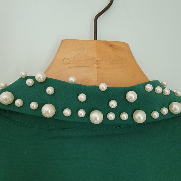 Lulumari Top Size S Green Pearl Embellished Neck And Buttons Career Classic - Picture 7 of 11